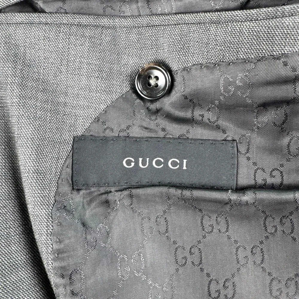 Gucci Suit Jacket 44L Gray Wool Blend Italy GG Lined Luxury Designer Blazer